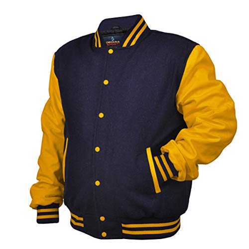 Image of Deckra Men's Varsity Jacket Genuine Leather Sleeve and Wool Blend Letterman Boys College Varsity Jackets XS-5XL