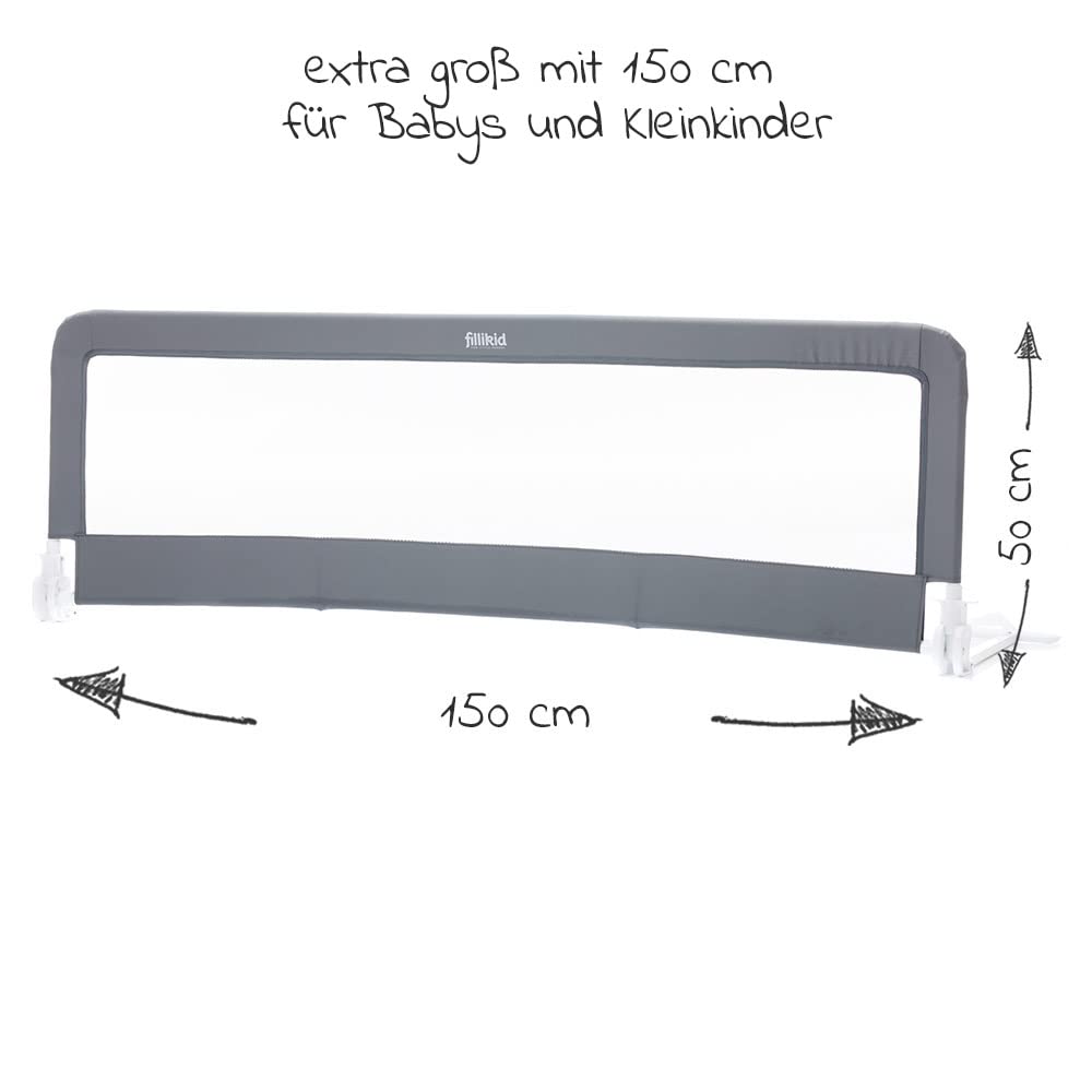 Fillikid Barrera Cama Niños - Barra para Cama Bebe Abatible 150 x 50 cm - Barandilla Protección Cama Infantil Anticaídas Alta y Plegable/Barreras Seguridad Nocturna Colecho - Gris/Blanco | Barrera de cama plegable alta y protección contra caídas para cama