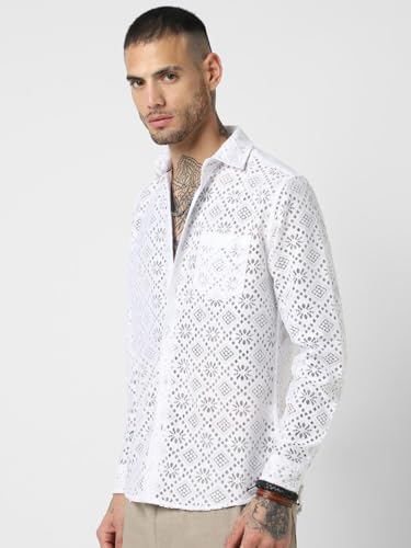 Image of VASTRADO Mens White Crochet Shirt | 100% Polyester, Lightweight & Breathable Fabric | Point Collar, Full Sleeves, Patch Pocket, Button Cuffs, Curved Hem | Casual & Versatile Style