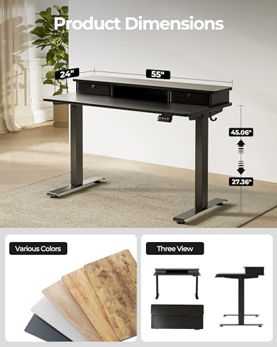 Image of FEZIBO 55 x 24 Inch Height Adjustable Electric Standing Desk with Double Drawer, Stand up Home Office Computer Desk with 4 Height-Adjustable Feets & 2 Hooks, Black