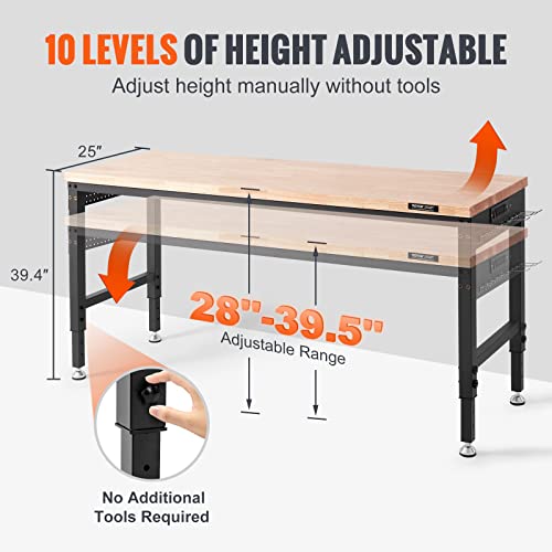 Image of VEVOR Workbench for Garage 72 inch Adjustable Workbench, Heavy-Duty Hardwood Worktable with Universal Wheels, 3000 LBS Load Capacity, with Power Outlets, for Workshop, Garage, Office and Home