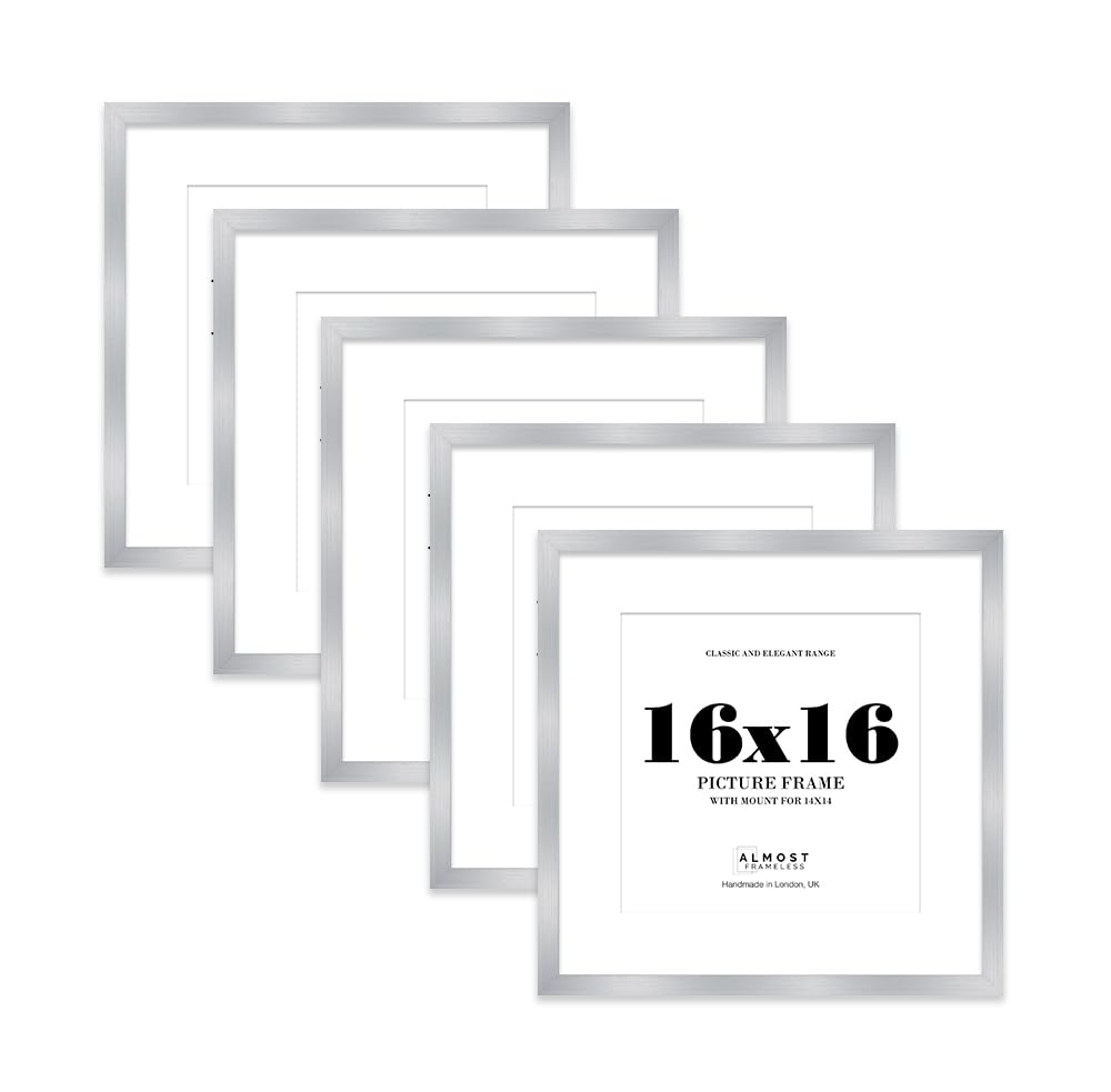 16x16 Silver Picture Frame with Mount for 14x14 Photos, Prints - Modern Square Wall Frame, Set of 5