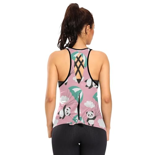 Tops de treino Panda Cartoon Cute Pink Mulheres Sem Mangas Tie Back Muscle Tank Sports Yoga Tops, De