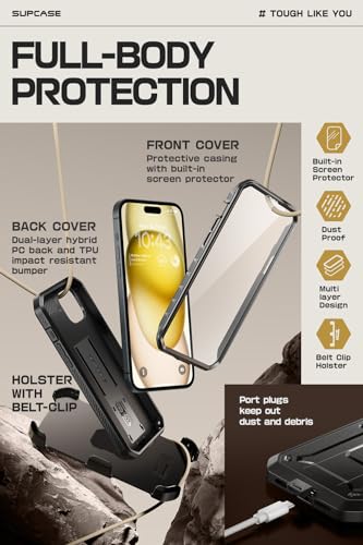 SUPCASE for iPhone 15 Case with Stand & Belt-Clip(Unicorn Beetle Pro), [Built-in Screen Protector] [Military-Grade Drop Protection] Heavy Duty Rugged Phone Case for iPhone 15 6.1 Inch 2023, Black