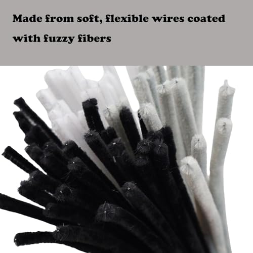 Image of 300Pc Set Tri Color Combo Pipe Cleaners Craft, Pipe Cleaners Chenille Stem Fuzzy Sticks Craft Supplies for flowers making, Home DIY (White,Black,Grey)