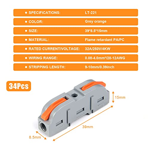 flintronic Wire Connectors, 34PCS Electrical Connectors Quick Dual Wire Terminal Block, 2 Pin Peel-free Push-type Design Connectors, 18-22AWG Wire Quick Splice Connector Wire Crimp Terminal