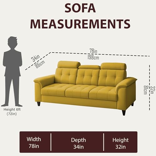 Image of Casaliving Ella 3 Seater Sofa Set for Living Room (Yellow Colour Fabric) Premium Fabric Sofa