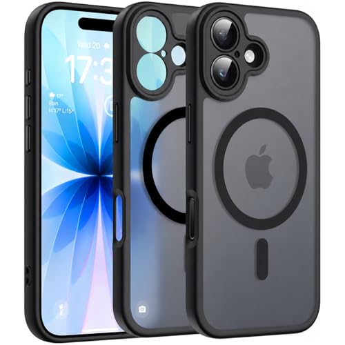 Image of Elzzi Magnetic for iPhone 17 Case Compatible with MagSafe Lens Camera Protection Slim Translucent Matte Shockproof with Anti-Fingerprint Phone Case, Black