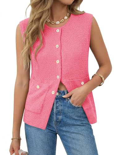 Image of Yousify Womens Sweater Vest Sleeveless Button Down Round Neck Knitted Tank Tops Casual Cardigan with Pockets