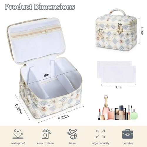 Gosect Makeup Bag, Portable Travel Make up Bag, Large Capacity Quilted Cosmetic Organizer Bag, Cute Floral Toiletry Bag for Women Girls (Bear Pattern) — view 2