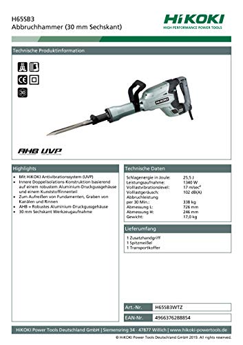 HIKOKI H65SD3 Abbruchhammer (28 mm Sechskant)-(1340 W,230V)-(Abbruchleistung 338 Kg (per 30 Min) – Bild 4