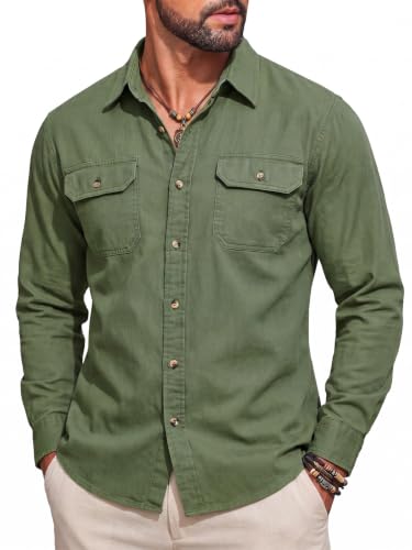 Runcati Herren Hemd Langarm 100% Baumwolle Outdoorhemd, Militärgrün, L