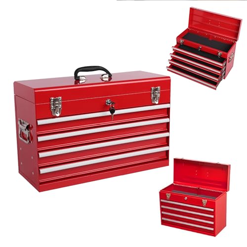 21-inch Portable Metal Tool Box with 4 Drawers, Steel Toolbox with Locking Lid, EVA-Lined Ball-Bearing Slides & Powder-Coated Finish, Top Tool Chest for Mechanic & Craftsman Use, Red