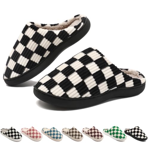 Image of Yueerlu House Slippers for Women Men, Fuzzy Checkered Mens Womens Slippers Warm Memory Foam House Shoes Indoor Outdoor with Faux Fur Lining