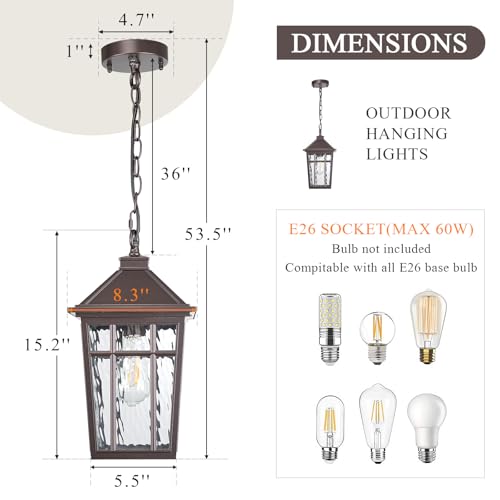 Image of Dusk to Dawn Outdoor Hanging Lantern Lights 15.2 Inch Large Porch Pendant Lights for House Doorway Aluminum Waterproof Outdoor Pendant Light with Water Ripple Glass E26 Socket
