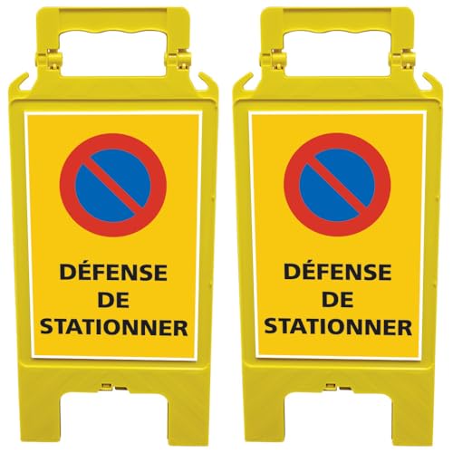 Lot de 2 Chevalets Défense de Stationner 30 x 60 cm. Chevalet de Signalisation Stationnement Interdit. Chevalet Pliable Jaune -