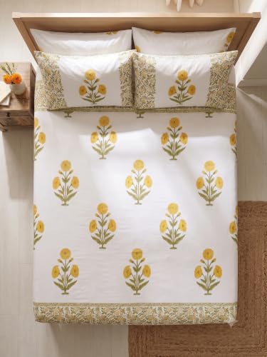 Image of Premium Bedsheet with 2 Pillow Covers I Hand Block I Pure & Soft Cotton I 300 TC I 90x108 inches (King Size Double Bed Bedcover) I Floral Pattern I Yellow