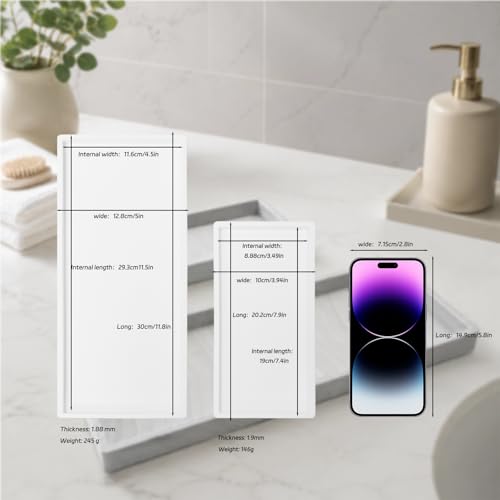 Image of BBK Bathroom Vanity Tray- 2 Pack (7.8 inch and 11.8 inch) Silicone Bathroom Tray for Counter, Perfume Key Trinket Ring Tray, Decor Soap Dispenser Countertop Tray for Kitchen Sink Organization (White)