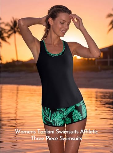 Image of Aleumdr Womens Athletic 3 Piece Tankini Swimsuits with Shorts Swim Tank Tops with Sports Bra and Boyshorts Bathing Suits