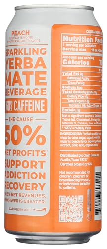 Clean Cause Yerba Mate Energy Drink, Peach Flavor, USDA Organic for Busy Professionals on the Go Boosting Energy and Foc