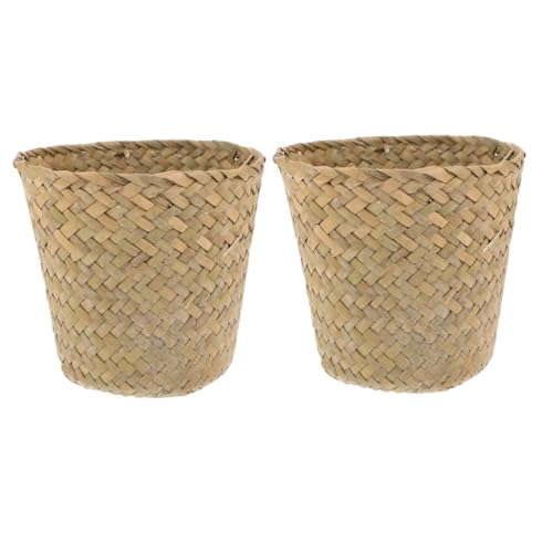 Toyvian 2 piezas Cesta Tejida de Hierba Marina Mini Papelera Multifuncional para Dormitorio Almacenamiento de Objetos Pequeños Caja Organizadora Portátil