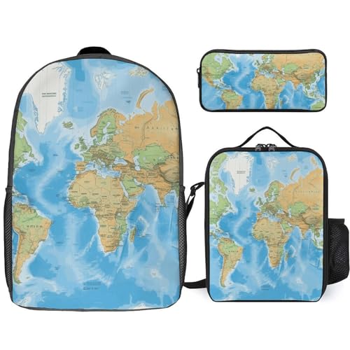 3 Piece Backpack for Women Men Lightweight Causal Daypack Shoulder Bag Set with Insulated Lunch Bag And Pencil Case Organizers World Map