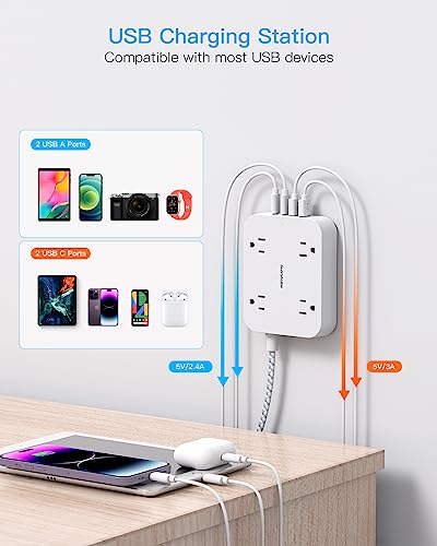 Hanycony HN43T Flat Plug Extension Cord, 5Ft Power Strip With 4 Usb Ports thumb #2