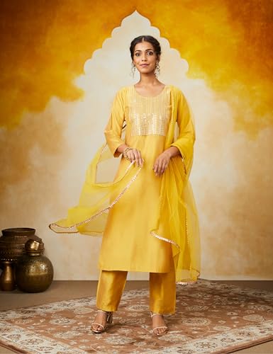 Image of Amazon Brand - Myx Women's Embroidered Kurta Pant Set with Mesh Dupatta (Available in Plus Sizes)