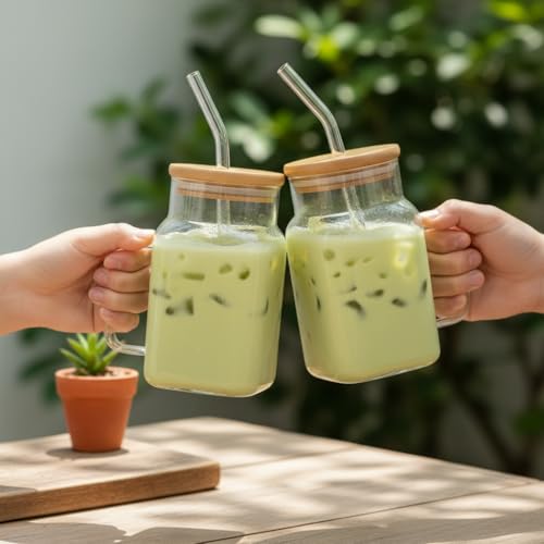 Image of ginoya brothers 600ml Mason Jar with Natural Bamboo Lid, Reusable Glass Straw & Handle | Leak-Proof Silicone Seal Glass Cup for Hot & Cold Beverages (PACK OF 3)