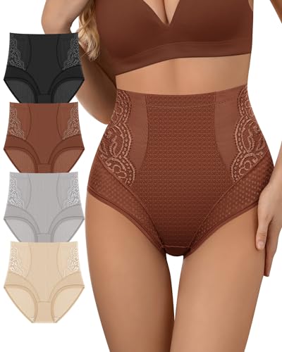 Women's Underwear 4 Pack High Waisted Ladies Panties Lace Nylon Breathable Postpartum Briefs Full Coverage