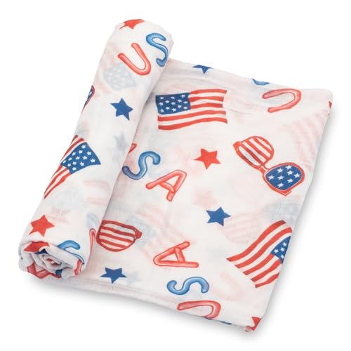 Image of LollyBanks Swaddle Blanket 4th of July, 100% Cotton Muslin Swaddle Blankets, Neutral Swaddle Blanket 47 x 47 Inches, Baby Blanket for Boys and Girls, Baby Essentials, Registry (USA Print)