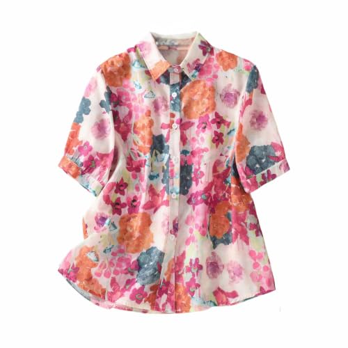Image of Gufrina Women Mustard Multicolor Floral Print Button-Down Shirt with Elbow Sleeves and Collar Neck in Breathable Fabric Ideal for Casual wear and Relaxed Styling