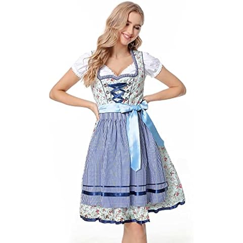 Sfit Damen Dirndl Midi Kleid Dirndlkleid 3tlg. Trachtenkleid Set inkl.Spitzen Dirndlschürze Trachtenmode für Bierfest,Oktoberfest,Karneval,Cosplay(B# Blau,38 Tag / 36 EU) Cover