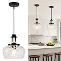 Modern Pendant Lights Kitchen Island, Matte Black Pendant Light Fixtures with 10" Clear Hammered Glass Shade, Industrial Hanging Pendant Lights Fixture for Kitchen Island Dining Room Bedroom Entryway