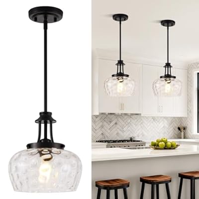 Modern Pendant Lights Kitchen Island, Matte Black Pendant Light Fixtures with 10" Clear Hammered Glass Shade, Industrial Hanging Pendant Lights Fixture for Kitchen Island Dining Room Bedroom Entryway