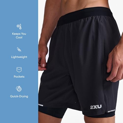 2XU Men's Aero 2-in-1 7 Inch Shorts - Powerful Muscle Support and Compression - Black/Silver Reflective3