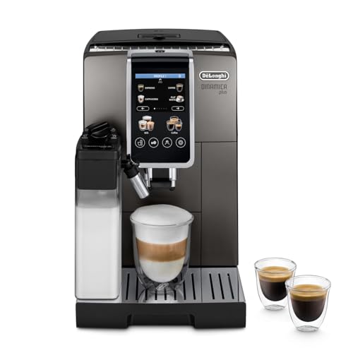 De'Longhi Dinamica Plus ECAM380.95.TB, helautomatisk kaffemaskin med LatteCrema mjölksystem, cappuccino, med 24 recept, 3,5-tums TFT-färgskärm, 1450 W, titan/svart