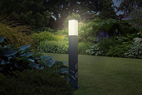 LED Universum Wegeleuchte mit 80cm Edelstahl Außenleuchte Stehleuchte Energiesäule Stromsäule Stromverteiler für den Garten Gartensteckdose (Anthrazit mit Dämmerungssensor und 2 Steckdosen)