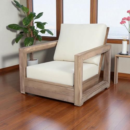 Image of MISAN Solid Sheesham Wood Sofa Set for Living Room | Natural Finish Wooden Sofa with Cushions for Home & Balcony | Solid Wood Sofa | Rosewood Sofa Set for Home & Office (1 Seater)