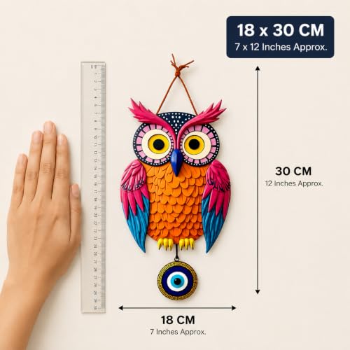 Image of GiftOday Owl Wall Hanging for Door & Home Decor | Evil Eye Protection Nazar Battu | Wooden MDF Bird Wall Art | Living Room, Bedroom, Entrance Decoration | 18 x 30 CM