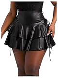 BEAUDRM Women's Size PU Leather Layered Ruffle Skirt Drawstring High Waist Party Rave Concert Mini Skirts Black Large
