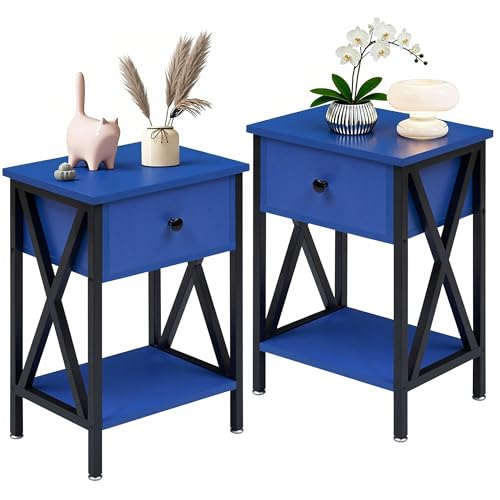 Image of VECELO Nightstands, Modern Bedside End Tables Set of 2, Night Stand with Drawer and Storage Shelf for Living Room Bedroom, Industrial Metal Frame