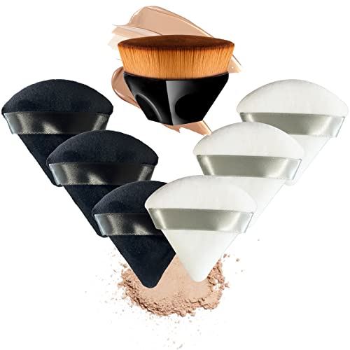 Triangle Powder Puff, 6+1 Pieces Makeup Powder Puffs and Kabuki Foundation Brush, Soft Velour Powder Puffs for Face and Body Foundation Sponge, Setting Powder Puff Wet Dry Makeup Tool