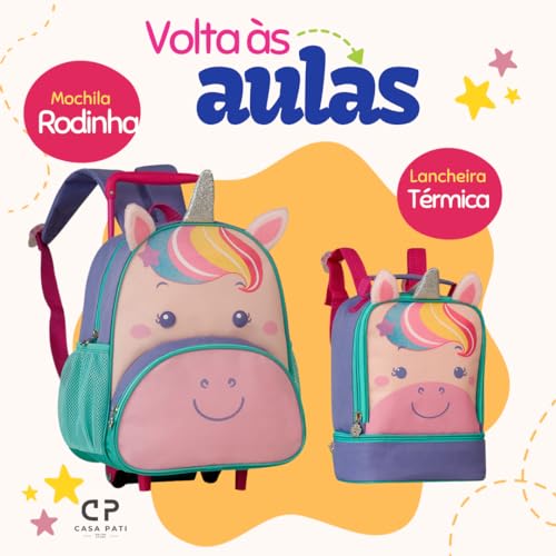 Kit Mochila Rodinha 13 e Lancheira Pets Unicórnio Roxa Clio Style