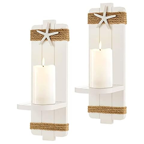 Beach Decor Starfish Wall Candle Sconces (Set of 2) - Ocean Themed Wall-Mount Candleholders, Coastal Farmhouse Seashell Candle Holders, Nautical Style Beach Bathroom Decor Cover