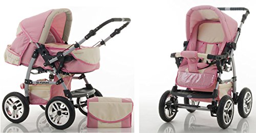 15 teiliges Qualitäts-Kinderwagenset 3 in 1 „FLASH“: Kinderwagen + Buggy + Autokindersitz – 15 teiliges Mega Set in 38 tollen Farben