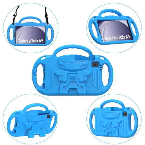 AVAWO キッズケース Samsung Galaxy Tab A7 Lite 8.7インチ 2021/A9 8.7 2023用 ストラップ付き 耐衝撃 軽量 ハンドルスタンド 2021(SM-T220/T225/T227)/2023(SM-X110/X115/X117) 用 ブルー