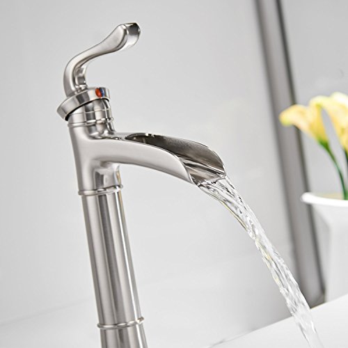 Homevacious Vessel Sink Faucet Brushed Nickel Waterfall Tall Spout Satin Single Hole With Pop Up Drain Lavatory Without Overflow Lead-Free #TOP6