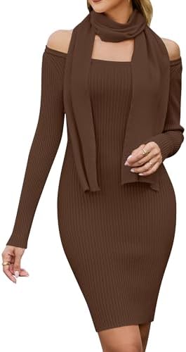 Blooming Jelly Womens Off Shoulder Sweater Dress Scarf Long Sleeve Mini Bodycon Dresses Fall Trendy Ribbed Winter Sweater
