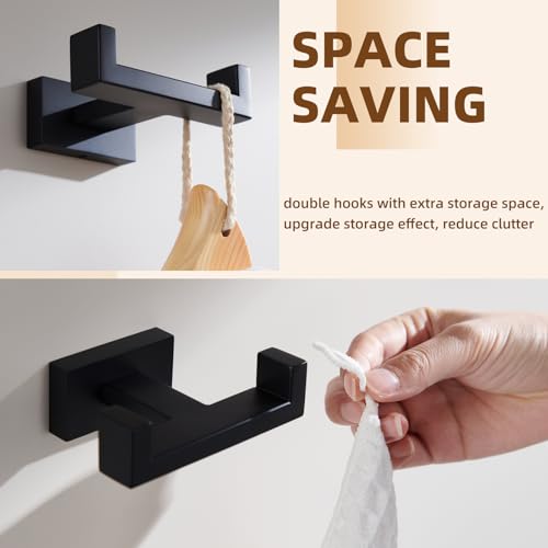 APLusee Double Robe Towel Hook, 304 Stainless Steel Square Dual Coat Hook, Utility Bath Kitchen Storage Hanger Holder, Matte Black